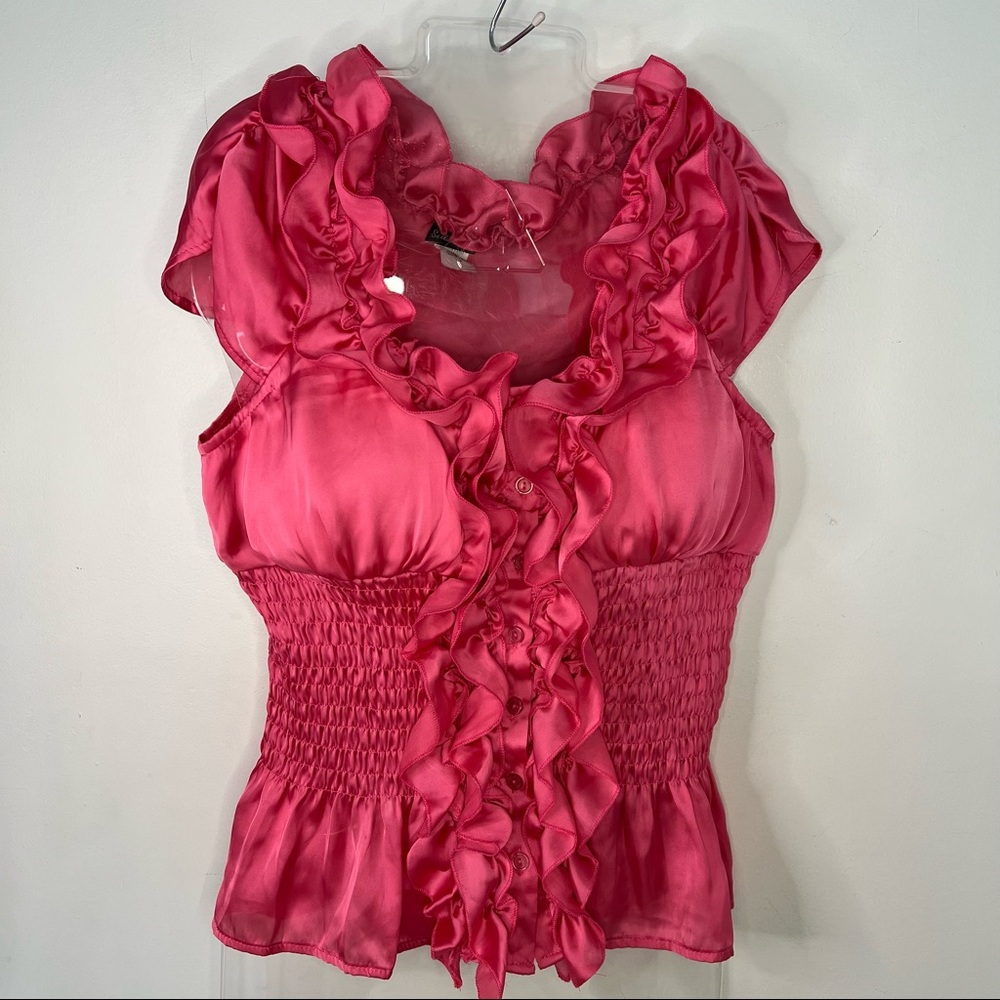 NEW Seductions Silky pink ruffled button up shirt Size Large